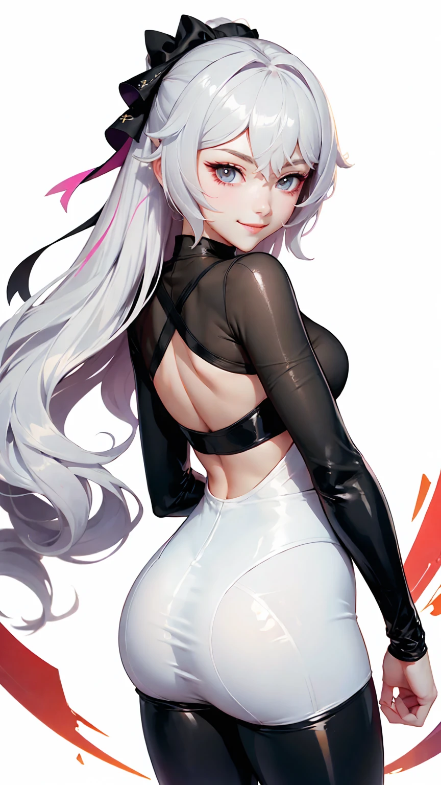 Bronya zaychik ex(honkai impact), white hair,Bodysuit mesh, leggings latex, sexy posing, perfect ass, perfect breast, without bra, very smile