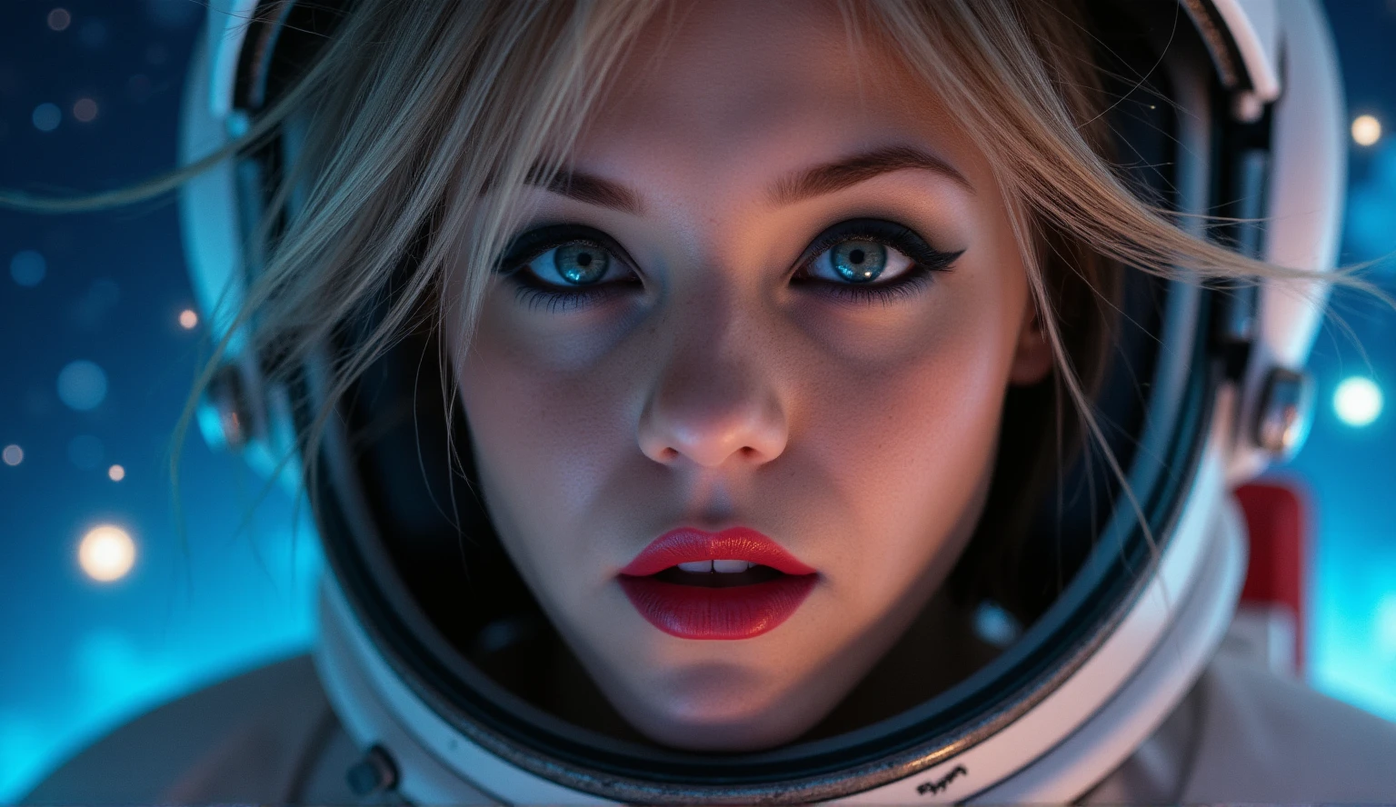 (Close-up of a better masterpiece:1.5)0.9], (Space and astronauts:1.2) (Messy silver hair:1.1) (Heterochromia xanthochromia and blue eyes:1.2) (Space Helmet:1.0) (Colored stars in the eyes:1.0) (A radiant glow:1.1) (thick lips:0.9)