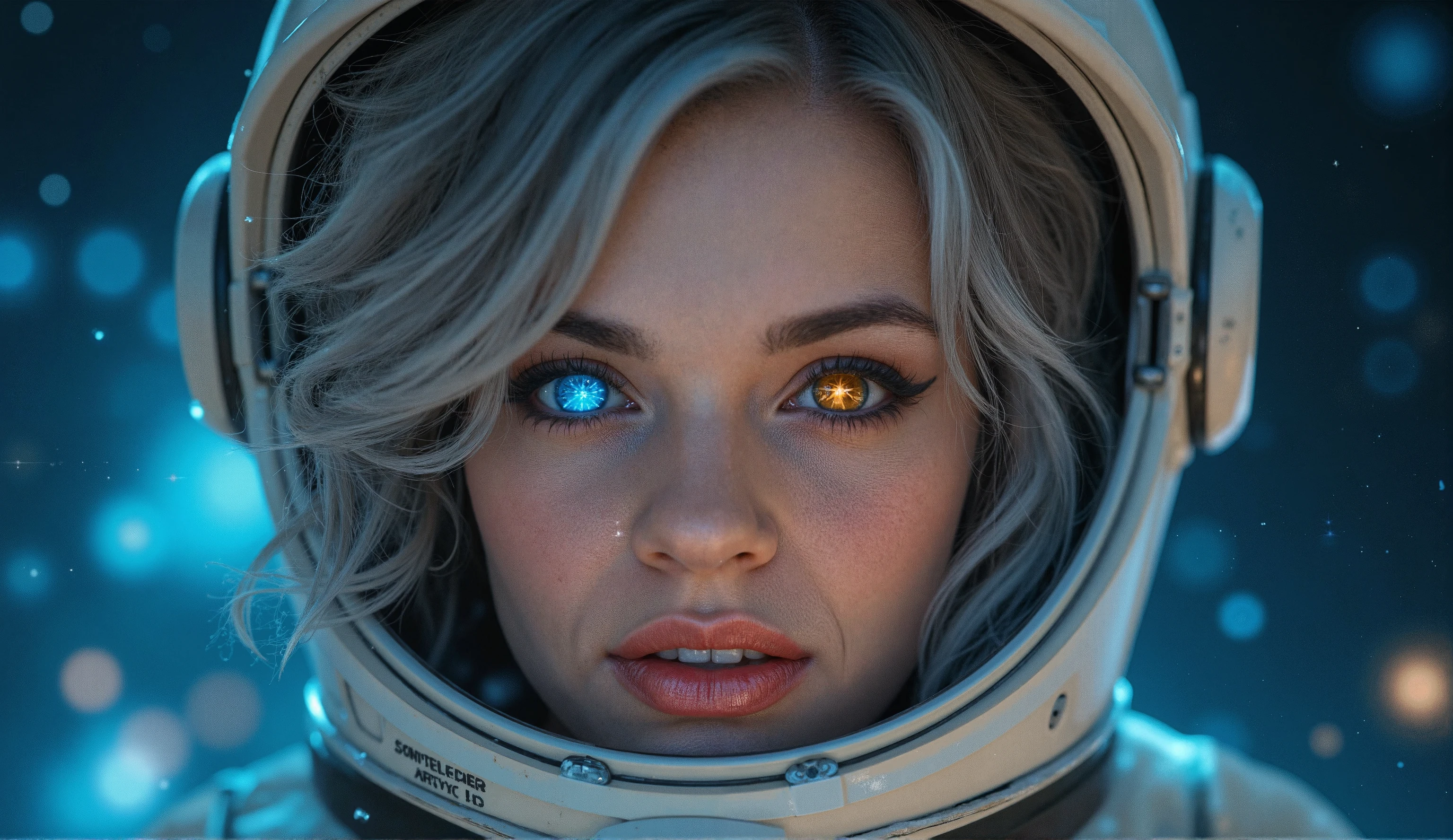 (Close-up of a better masterpiece:1.5)0.9], (Space and astronauts:1.2) (Messy silver hair:1.1) (Heterochromia xanthochromia and blue eyes:1.2) (Space Helmet:1.0) (Colored stars in the eyes:1.0) (A radiant glow:1.1) (thick lips:0.9)