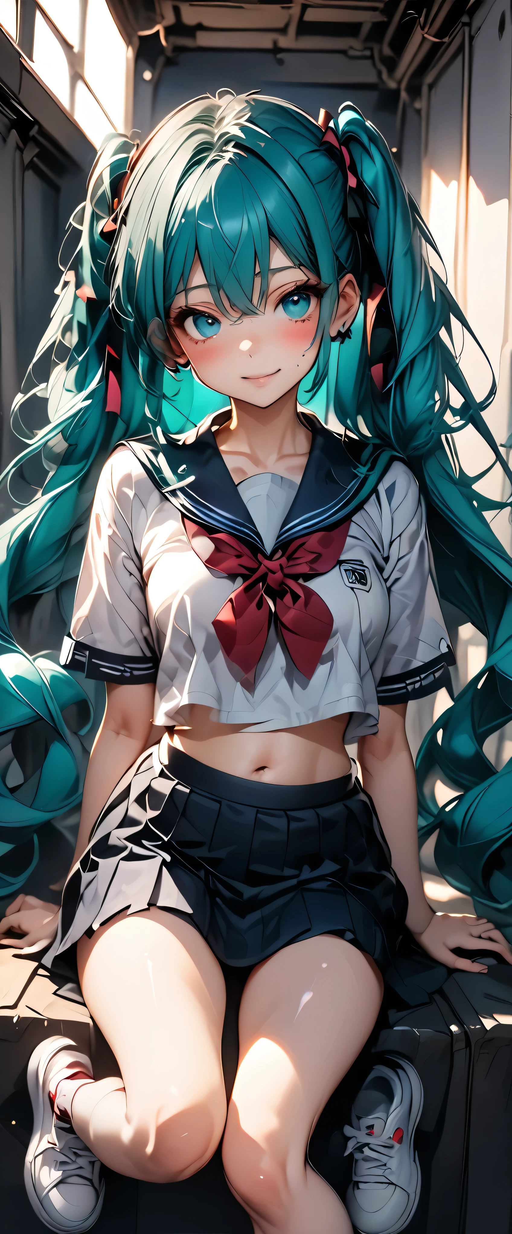 Super detailed, NSFW, masterpiece, High resolution, Photorealistic digital art, perfect lighting, (((1 girl, perfect anatomy))), accurate right hand, accurate left hand, five fingers, perfect style, (((hatsune miku,))) 3d face, big light blue-green eyes, glossy lips, blue-green long hair, shiny skin, A relaxed smile, (((twin tails))), big square hair accessories, (Nodoka Haramura), Big Breasts, High school sailor uniform, View from below,
