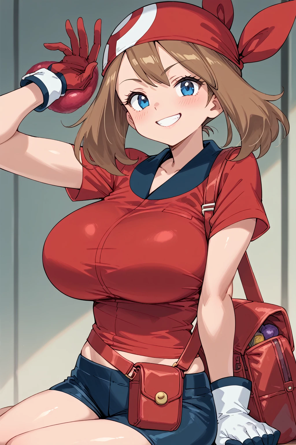 score_9, score_8_up, score_7_up, BREAK, anime style, MayPXL, blue eyes, brown hair, short hair, red bandana, red shirt, short sleeves, gloves, black shorts, torso, smug smile, gigantic bust, toned, strong, bimbo body, 