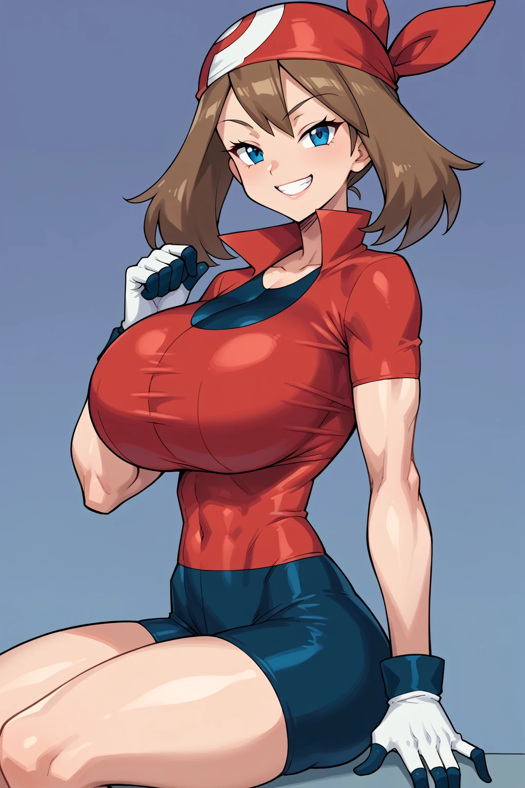 score_9, score_8_up, score_7_up, BREAK, anime style, MayPXL, blue eyes, brown hair, short hair, red bandana, red shirt, short sleeves, gloves, black shorts, torso, smug smile, gigantic bust, toned, strong, bimbo body, 