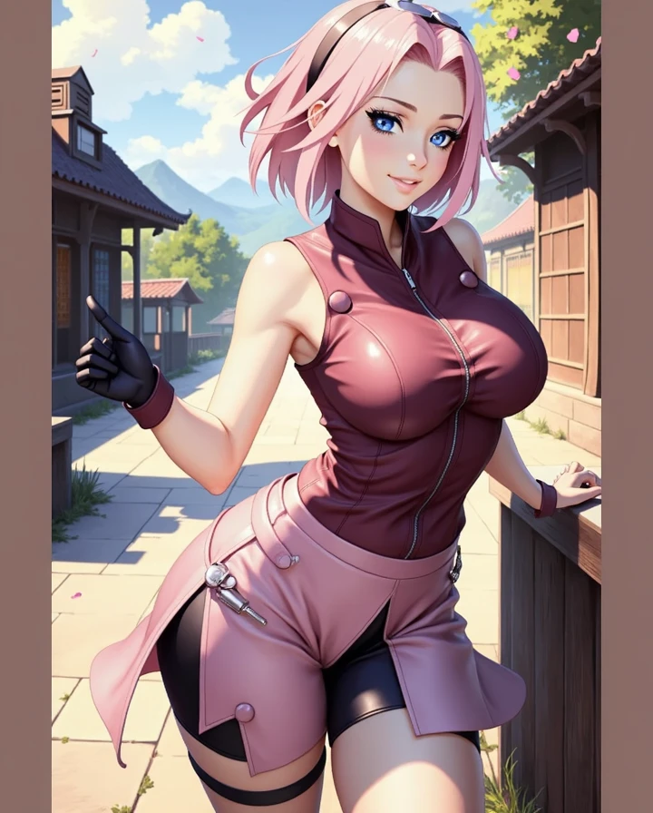 cleavage,1 girl,sexy body,perfect body,sehr enge kleidung,zeigt viel haut,sexy kleidung,,Breasts peep out,stehend im garten,nahaufnahme,arms behind back,sakura haruno,rotes Harrband, white shirt,black jeans,hot, big breasts, front view, pornographic pose