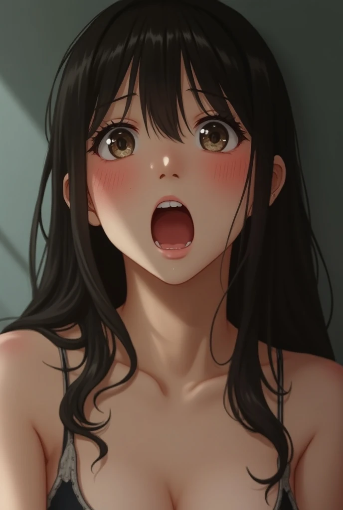 Cute, mature women,chubby cheek,sexy,realistic skin,huge saggy breast,muted colours,pale white skin,black hair, long hair, (hair over one eye:1.4), Messy hair,hair between eyes ,sleepy eyes ,pucker lips,smeared lipstick,pubic hair pussy,dense pubic hair, cute shy blush on