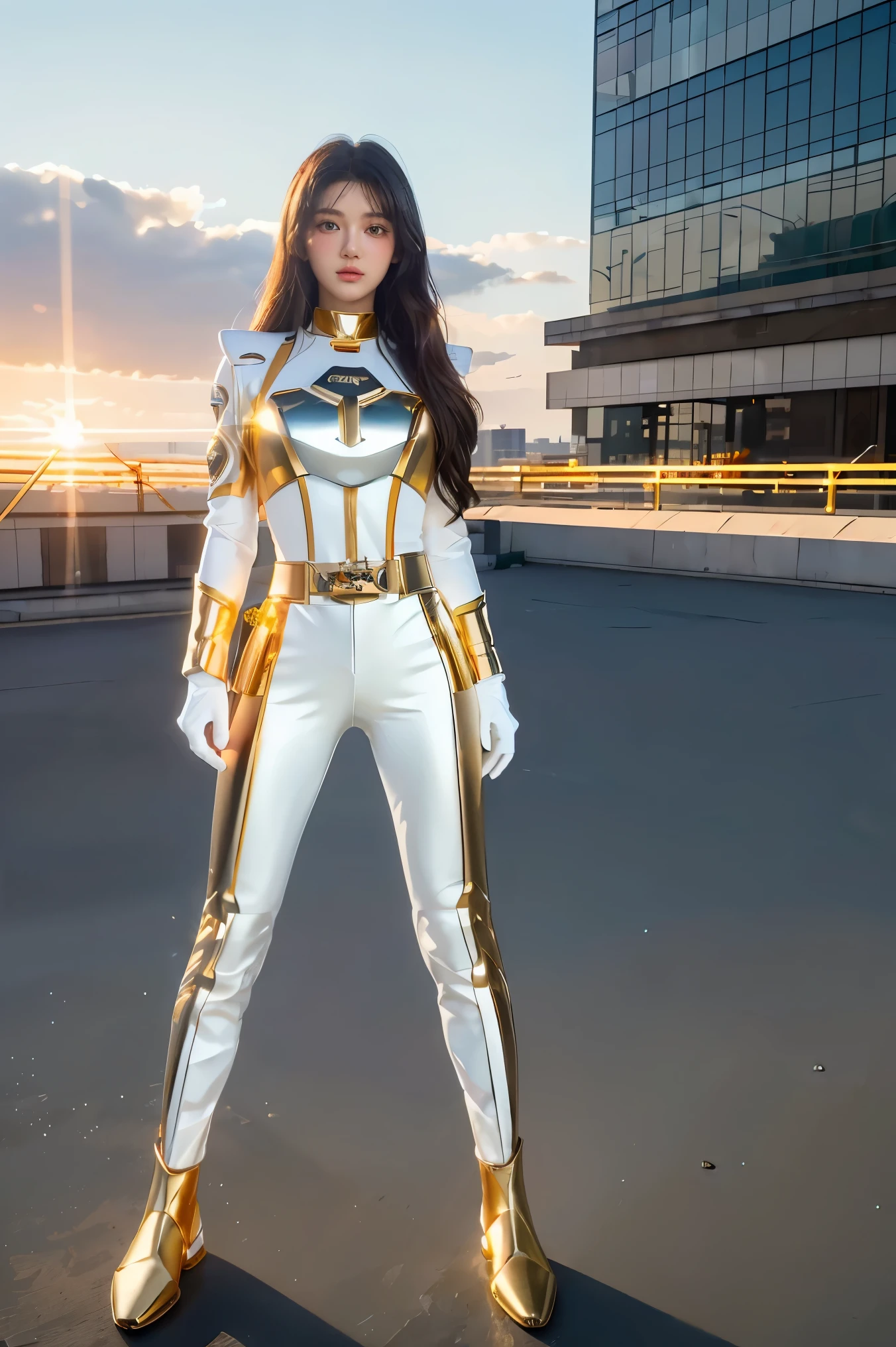 ((masterpiece, best quality, extremely detailed), volumetric lighting, ambient occlusion, colorful, glowing), 
1girl, solo, young girl, (dark hair), long hair, halo, aura, sacred, goddess, cleric suit, (white outfit with gold detailst:1.3), armor,
outdoors, sunset, sky, clouds, space, (fantasy theme:1.2),ม 1girl, full body, Illustration, cinematic light, high resolution, best quality, ultra-detailed, masterpiece, power suit, powerranger, suit, spd, (Silver and Gold chest plate), white and gold detail, (((white suit))), ((police theme:1.2))
