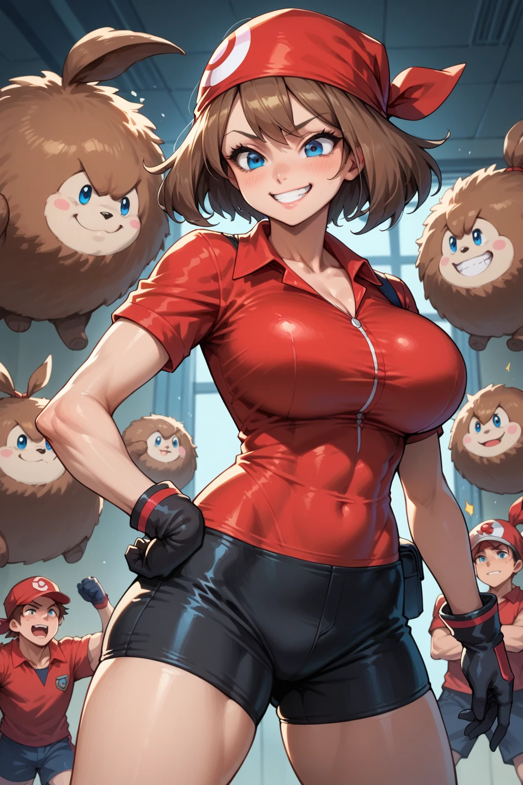 score_9, score_8_up, score_7_up, BREAK, anime style, MayPXL, blue eyes, brown hair, short hair, red bandana, red shirt, short sleeves, gloves, black shorts, torso, smug smile, gigantic bust, toned, strong, bimbo body, 