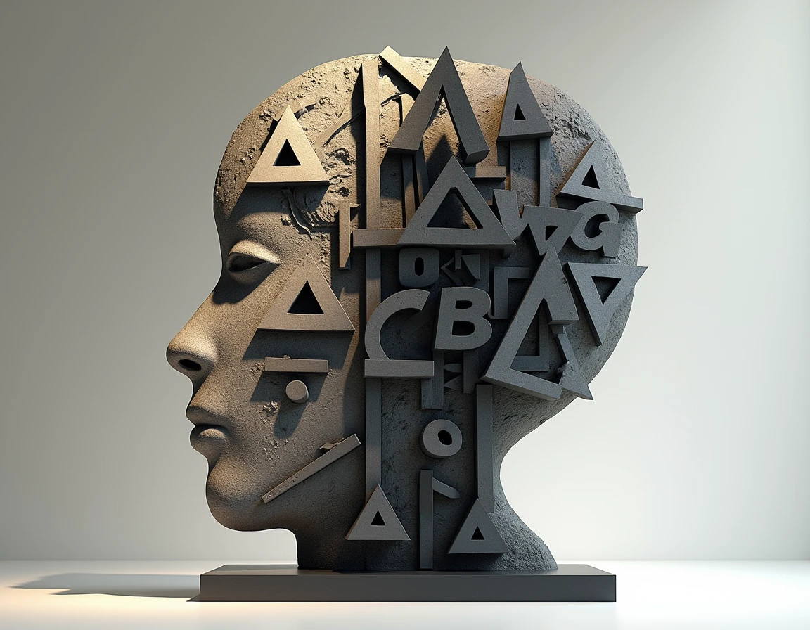 Mid journey raw image style of a half-body abstract sculpture, featuring arcane letter symbols in triangles, detailed light and shadow, and a side view with a dynamic pose. The scene is inspired by Cy Twombly's style, combining textual expressionism, calligraphy, and painting, with integrated text elements for expressiveness and a sense of power and vitality. The 3D scene is minimalist, with high contrast, complex texture, and side light creating dynamic blur. The artistic and modern composition is set in a 9:16 aspect ratio, using version 6.1, capturing the essence of abstract art with a contemporary twist.