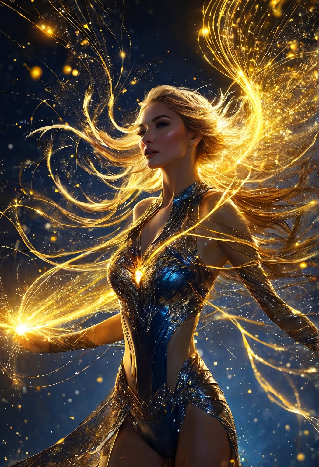 A work of art in energy, 8k, Lines of Light, Particles of light, Woman made of particles, Iridescent lines, A beautiful woman made of light, Has a golden aura, dark blurred background, splashes of light.