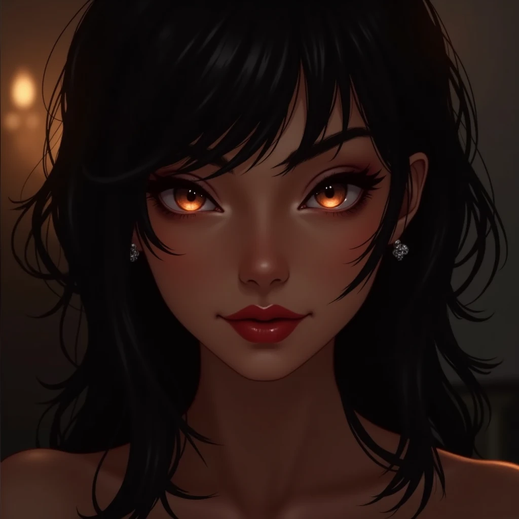 Meru the succubus, pele vermelha, olhos amarelos brilhantes, iris of the eye is yellow and bright, dois pequenos chifres vermelhos com listras em vermelho escuro, cabelo preto com franja reta, orelhas pontiagudas, sorriso mostrando os dentes brancos, black bikini, warm lighting, luzes de neon,