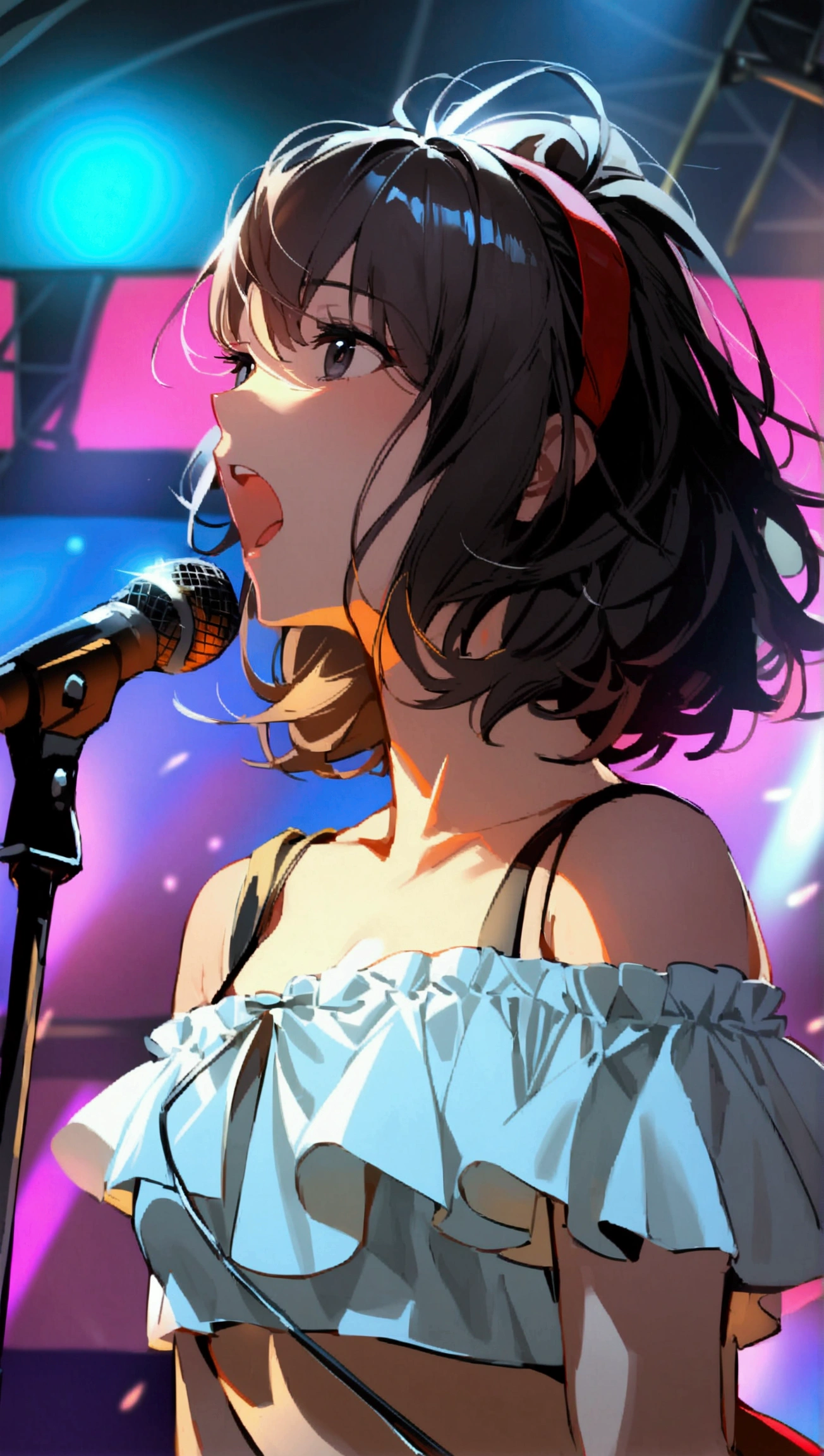 score_9,score_8_up,score_7_up,masterpiece,best quality, source anime, realistic, super detailed, extreme detailed, rating_safe,
1girl, singing, Hand Microphone, from side, (close up face:1.2),
BREAK girl, 22yo, short hair, bob cut, (blunt bangs), black hair, (tareme, detailed cute brown eyes), curled eyelashes, (large breasts:0.9),
shiny hair, beautiful detailed eyes, beautiful face,
Rock singer, Serious, raised eyebrows, (open mouth:1.3), (sweat:1.2),
on stage, spot light, audience, Blurred Background,