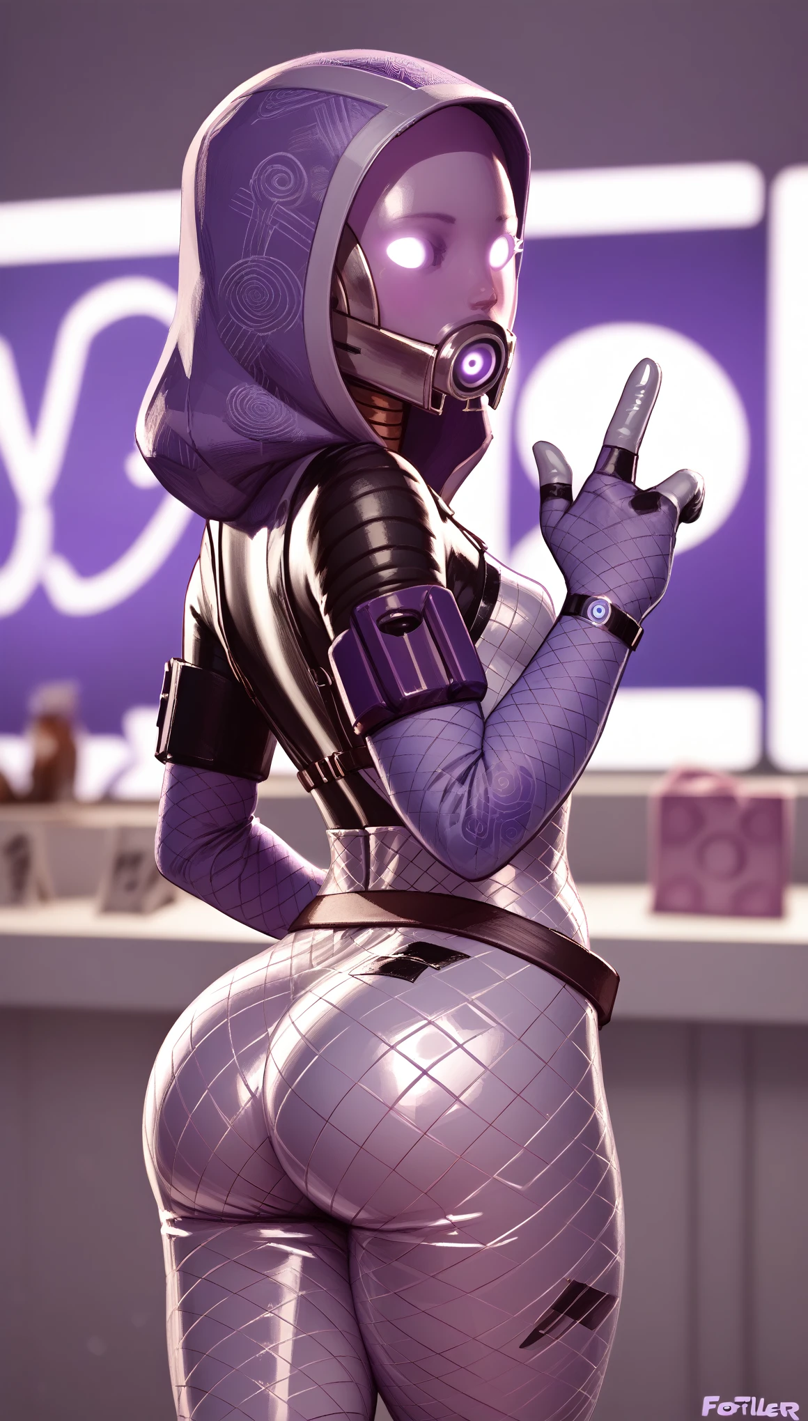 NSFW renders of Tali Zorah as a prostitute.  Slutty clothes. Whore. Money stuffed in belt. author: (fossa666:1.5), (taran fiddler:1.5),  (pixel sketcher:1.4),hood, masterpiece, detailed Bonifasko lighting, [crepuscular ray], best details, real life, depth of field, detailed background, [sci-fi Omega Mass effect 2 ], dim lighting, neon lighting, solo, ,  ,glowing white eyes  , detailed bodysuit. . cute butt, denim shorts. bodysuit, fishnets. whore. female, (Tali zorah), (), alien female, (tali zorah:1.2), seductive walk, slut. condom wrapper, femme, genitals, cameltoe, small breasts,  clear details, (, metallic and rubber skin textures, featureless nude, , , translucent body, you can see under her skin, , ,s, faceless, various poses, , gloves,  stockings, 1girl, one girl, 1girl, solo, belt, prostitution, blowjob hand gesture, 
