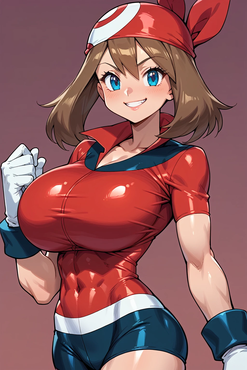 score_9, score_8_up, score_7_up, BREAK, anime style, MayPXL, blue eyes, brown hair, short hair, red bandana, red shirt, short sleeves, gloves, black shorts, torso, smug smile, gigantic bust, toned, strong, bimbo body, 