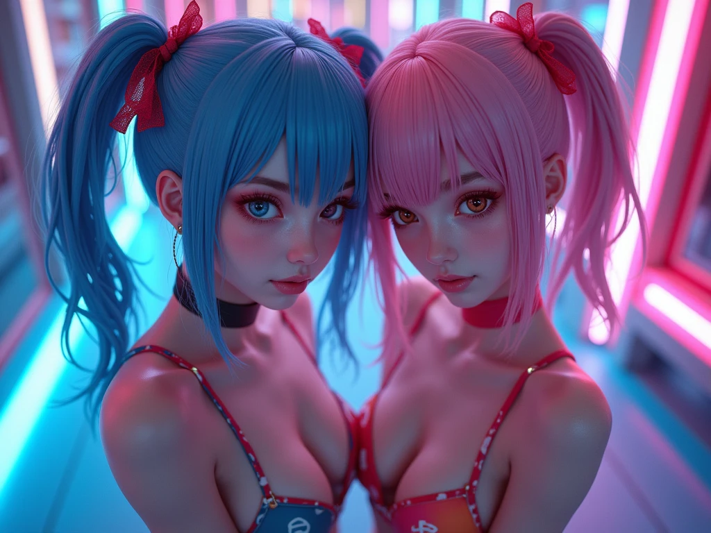 Semi realistic Anime characters, Beautiful two sexy girls looking at camera, ((fisheye photo)), (Fluorescent colors:1.4), (translucent:1.4), (fantasy:1.4), perfect detailed face, cyberpunk blurry neon lit background, erotic pose, sexy bikini outfit, underwear detailed muscles realistic masterpiece gigantic breasts, hardnipples protruding, Ecchi, young sexy cyborg ****ta girls, shot from above, perfect legs, perfect arms and hands and perfect eyes, ((long blue and pink hair with 2 ponytails)),  huge eyes,  hyper realistic Ultra quality cinematic lighting huge detail Full HD painting Well lit,diagonal bangs, , collared dress,on the side, masterpiece, Best quality,real leather,(portrait:1.5), two 20 year old girl thin lips round face pale skin blue eyes under eyes red make up shoulder length hair straight bowl cut bangs silver white rainbow cyberpunk theme facing forward 4k 