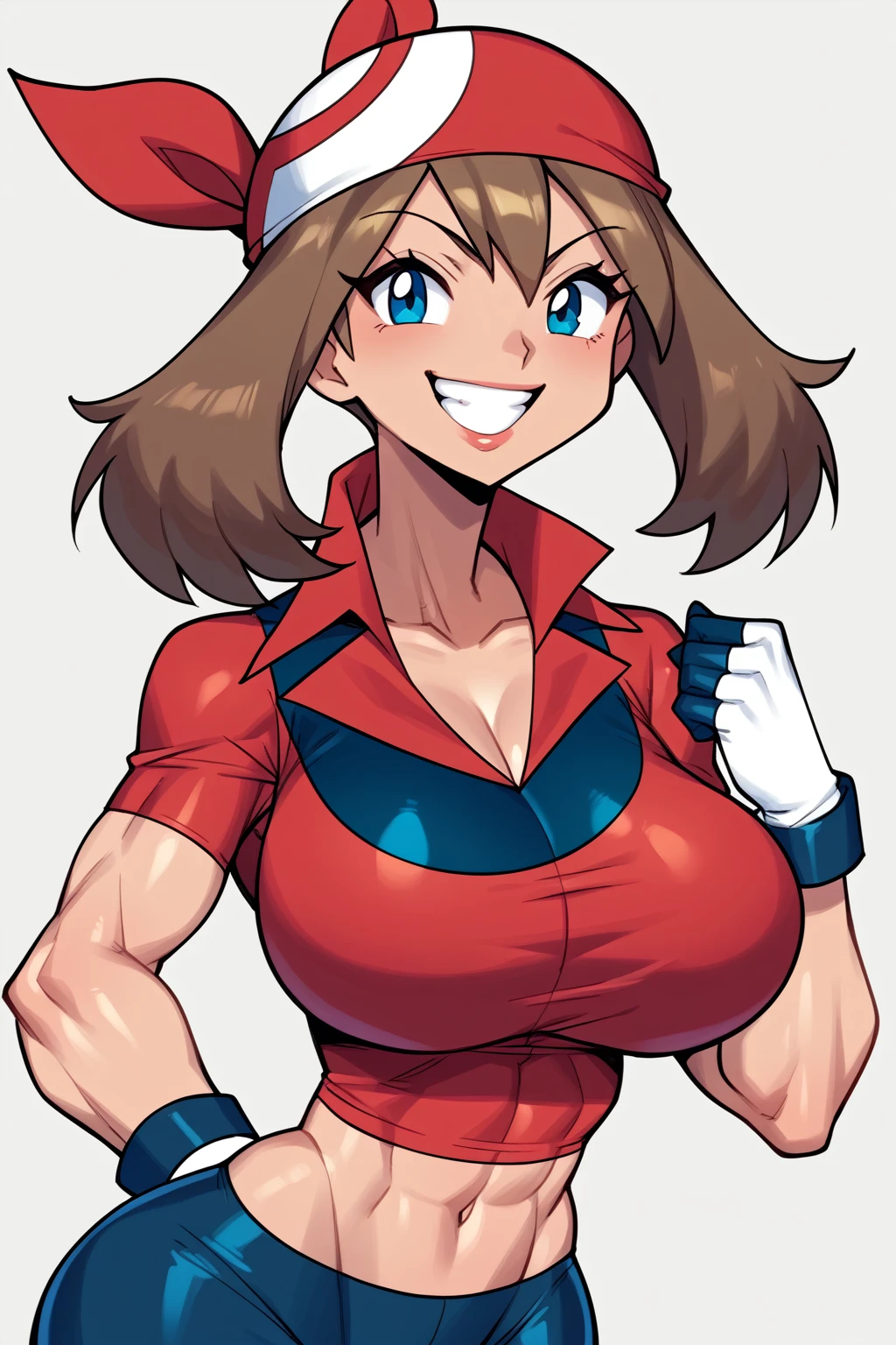 score_9, score_8_up, score_7_up, BREAK, anime style, MayPXL, blue eyes, brown hair, short hair, red bandana, red shirt, short sleeves, gloves, black shorts, torso, smug smile, gigantic bust, toned, strong, bimbo body, 