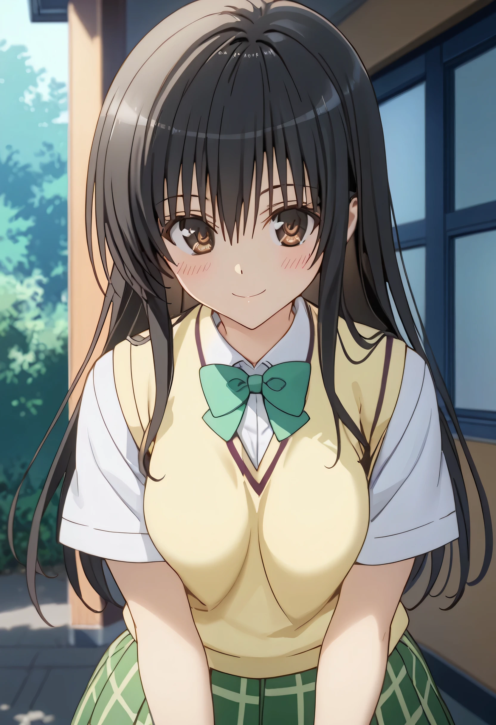 score_9,score_8_up,score_7_up,solo,outdoors,upper body,(portrait:1.5),looking at viewer,facing viewer,smile,blush,Kotegawa Yui,long hair,black hair,sidelocks,hair between eyes,bangs,brown eyes,school uniform,sweater vest,yellow vest,white shirt,collared shirt,green bowtie,short sleeves,medium breasts,miniskirt,green skirt,plaid skirt,pleated skirt,black socks,loafers