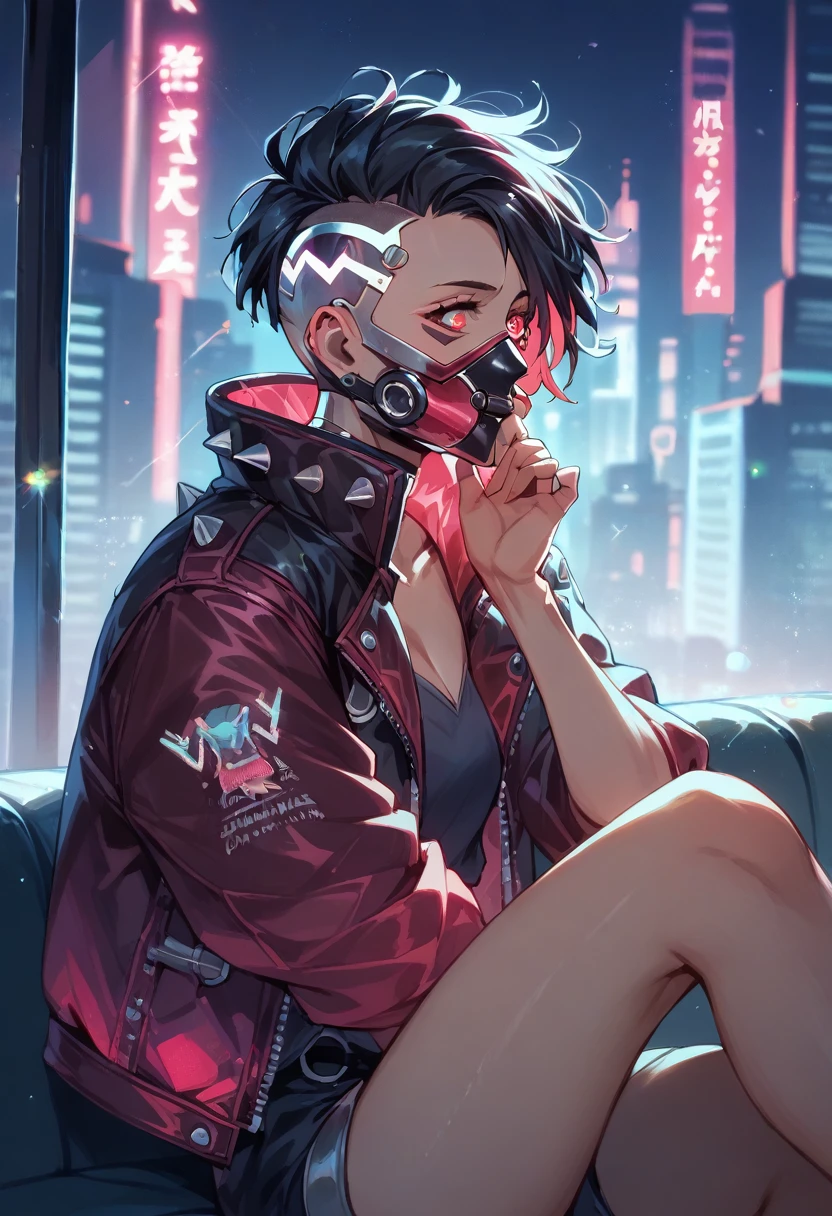 "dark theme :: closeup face focus, ultra realistic futuristic cyberpunk female black hair sitting :: cyberpunk face (cyber eyes) :: cool cybernetic punk jacket red neon eyes :: shirtless:: mechanical intricate mask :: natural lighting :: bokeh :: 8k :: best quality :: masterpiece :: futuristic cityscape background"
