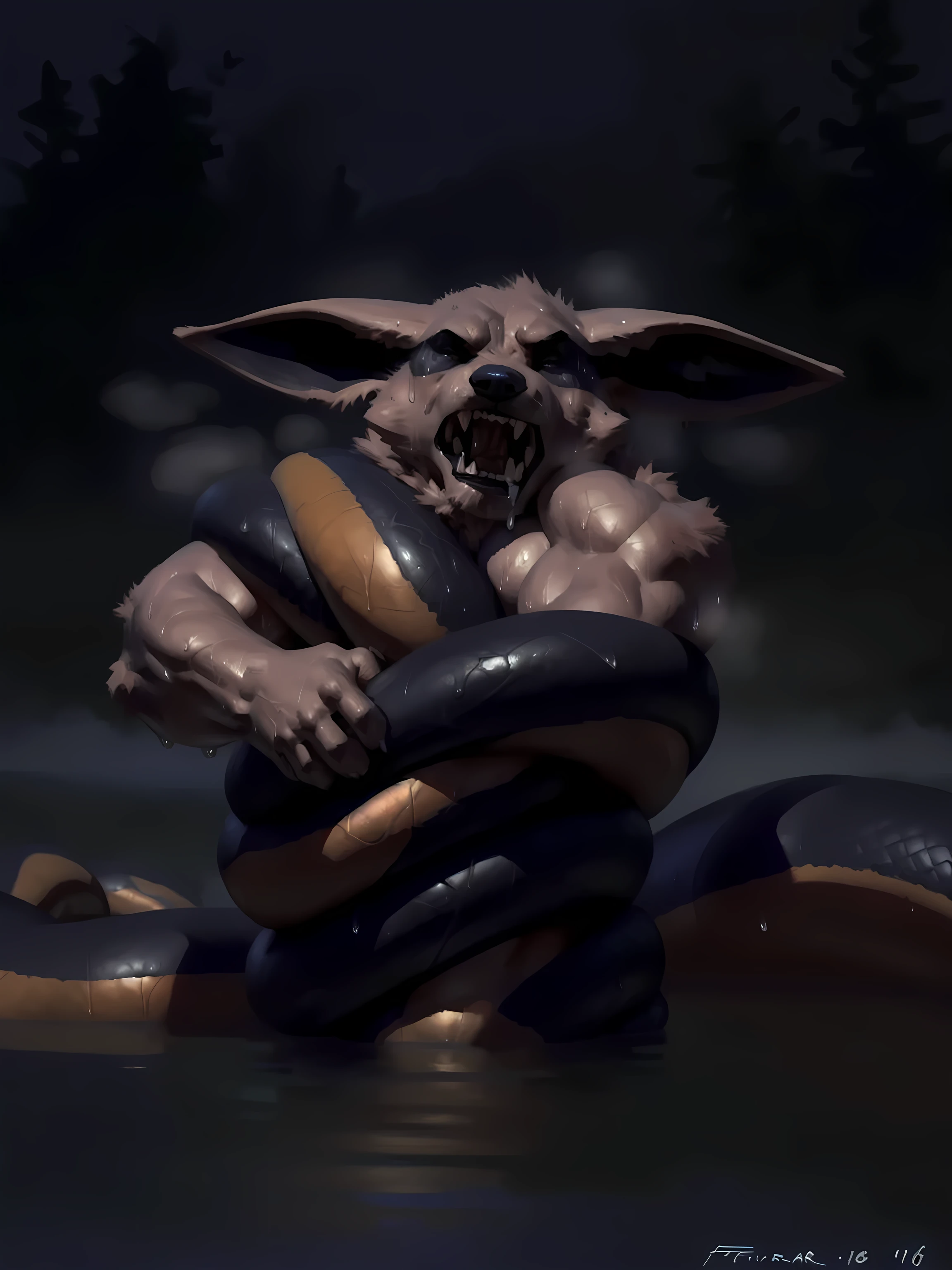 muscular kurama fighting against a large snake, (massive snake, black snake:1.5), (snake coiled around:1.3), (snake choking:1.3), strangulation, coiling, 4k, high resolution, best quality, posted on e621, anthro body, kurama, (solo:1.1), male, adult, masculine, (very muscular, thick build, heavyweight:1.2), correct anatomy, (night background), (by Taran Fiddler), (by echin:0.6), (detailed eyes:1.2), (sweat:1.6), wet fur:1.2, steam, fog, (shiny muscles:1.2), cartoony shading, growling, angry, pained expression, struggling, fighting, drooling, mud surface, mud, partially submerged