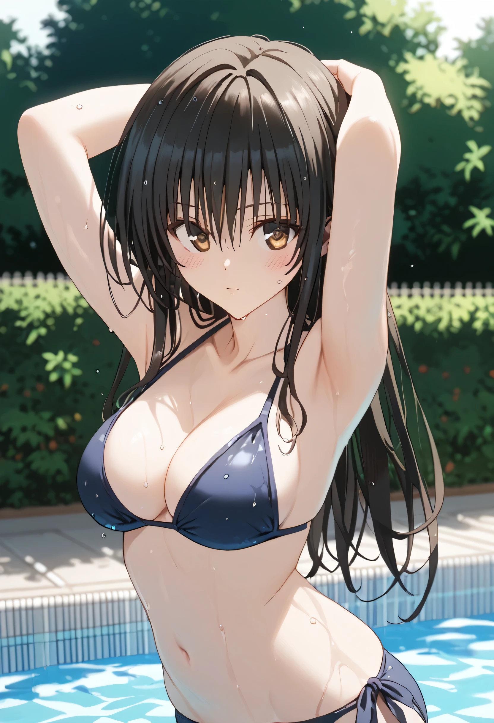 score_9,score_8_up,score_7_up,solo,looking at viewer,blush,Kotegawa Yui,long hair,black hair,sidelocks,hair between eyes,bangs,brown eyes,large breasts,, swimsuit,bikini, black bikini, wet, pool,arms up, pool,sexy,cowboy shot