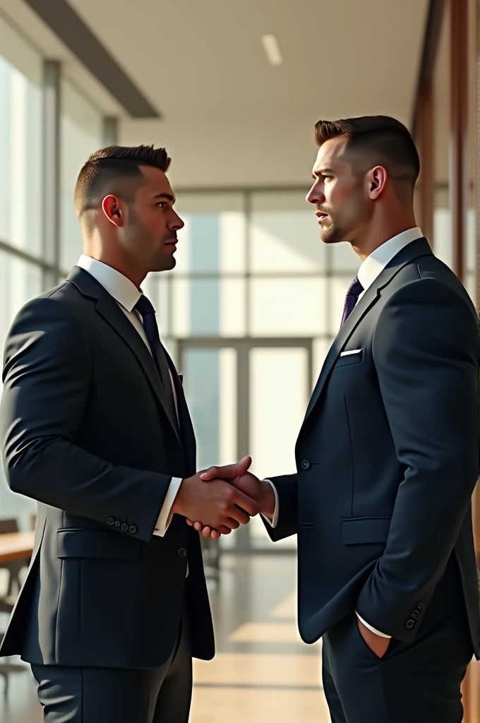 ((( two very handsome muscular male models wearing long sleeve shirts and long satin neckties and gray low cut chino pant fucking each other in the office))), (((both men put their hands on the raised bumpy butts of each other, both muscular chests with very huge bumpy nipples ))), (((both men with very slightly smiling face, with deep dimples on cheeks, both men with gray eyes , both eyes of equal size))) , (((both men with very short and combed hairs))), (((showing full head and full thighs, each man has two legs and two arms))), (((muscular arms, muscular chest, muscular thighs))),((( bright day, ultra high 4k quality and 8k photo-realistic photo,high resolution and top quality))),RAW,(((exquisitely handsome and charming faces))),(((both men with bulging pelvis, each man with only two thighs, human skinned penis, proper hands and proper fingers, slimmer waists))),