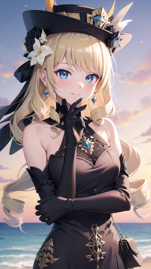 ((masterpiece)),(best quality),official art,extremely detailed CG,unity 8k wallpaper,ultra detailed,A lighthouse on a cliff by the sea,1girl,solo,upper body,looking at viewer,navia (genshin impact),absurdly long hair,sidelocks,drill sidelocks,blonde hair,blue eyes,brown thighhighs,drop earrings,smile,dress,brown footwear,thigh boots,medium breasts,long sleeves,collar,black headwear,elbow gloves,black collar,detached collar,bangs,hat feather,zettai ryouiki,hat flower,bare shoulders,frills,black gloves,jewelry,