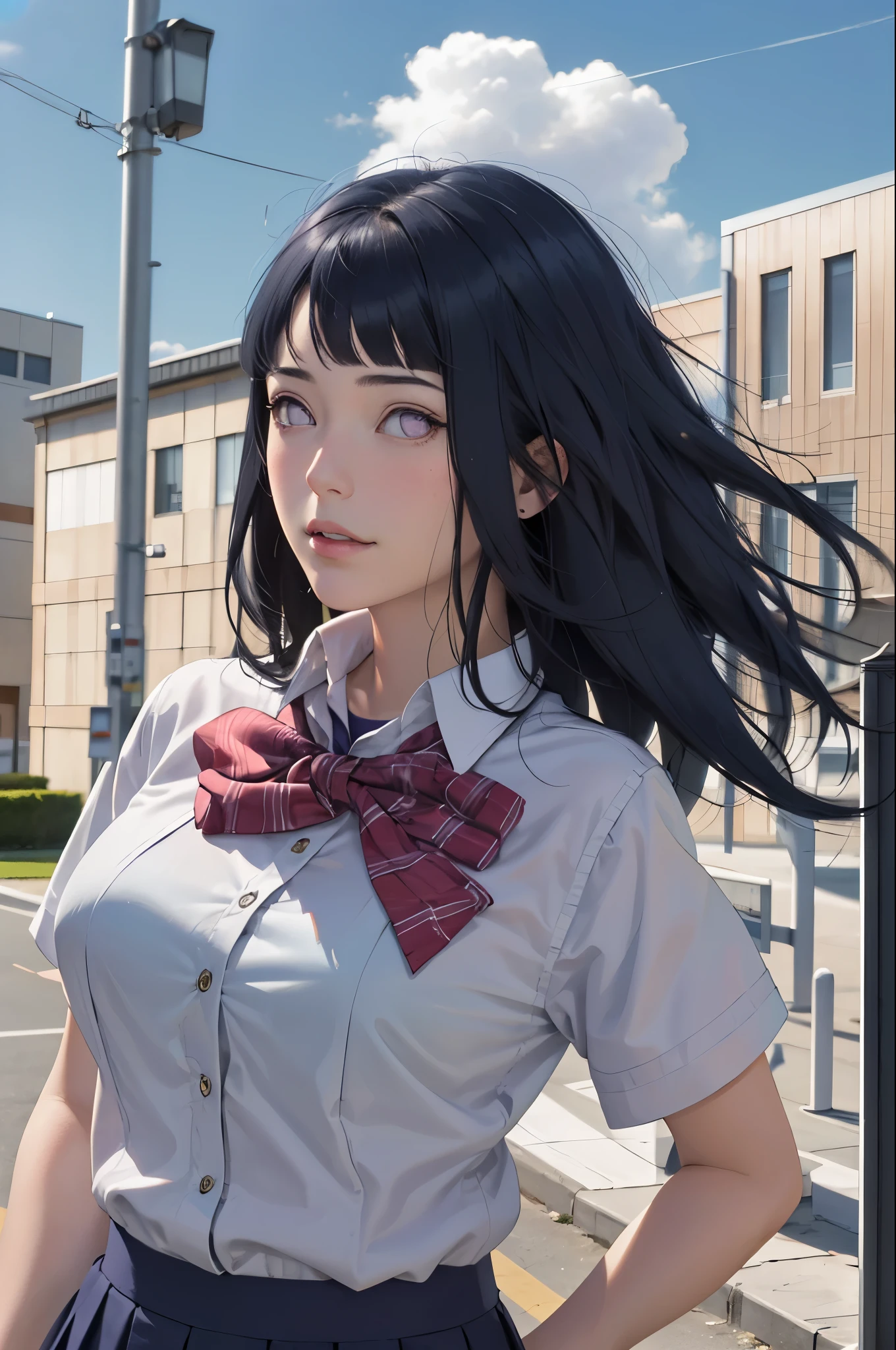 masterpiece, hinata\(boruto\), 1girl, solo, young female, ((((high school uniform)))), (high School), outdoors, looking at viewer, cloudy sky, perfect composition, detailed lips, school building, big breast, beautiful face, body propotion, blush, (pink lips), ((long hair)),  purple eyes,  soft gaze, sad smile,  super realistic, detailed, photoshoot, realistic face and body,  realistic hair, realistic eyes, realistic nose, realistic lips, (((dark blue hair))), 19 years old girl,  flowing skirt