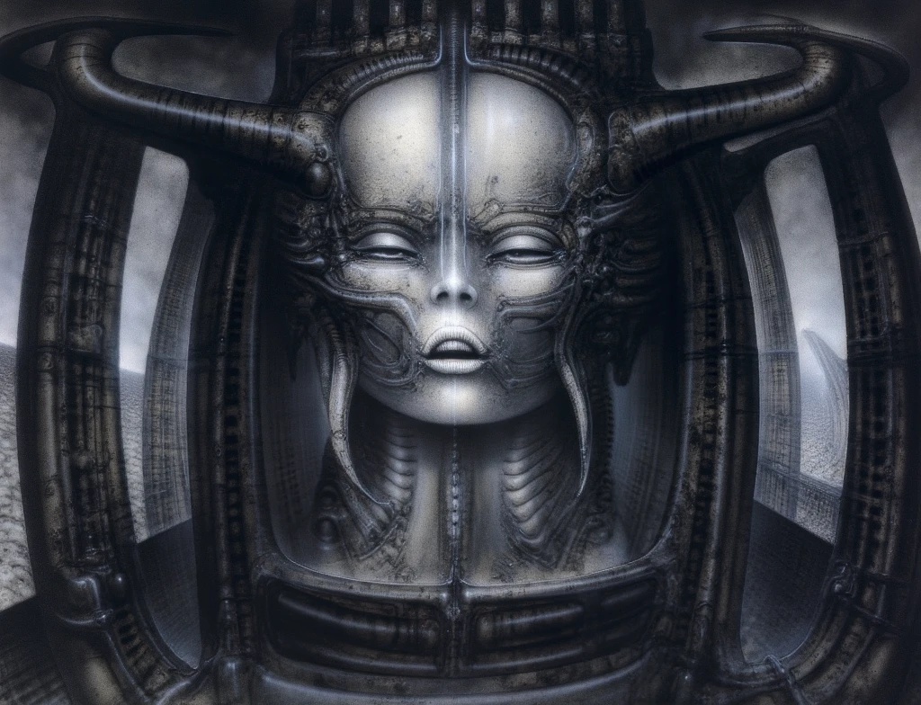 H. R. Giger's g1g3r, , Giger_style,  , The image is a detailed view of H.R. Giger's \" Li II  \" plate, featuring HRGGR, H.R. GIGER.  g1g3r 3t3rn1ty,alien creature, dark alien architecture machine (best quality:1.4). Giger's biomechanical tableau features a close-up of a face with a detailed, textured surface. The face is adorned with a crown of horns, suggesting a fantastical or mythical theme.. (Isometric positioning:1.4)
, (Triadic:1.1), (Proportion:1.1),  , (Reflected light:1.2), Parchment, , ultra detailed, intricate,, dry b (best quality:1.4), H.R. GIGER,  BY GIGER