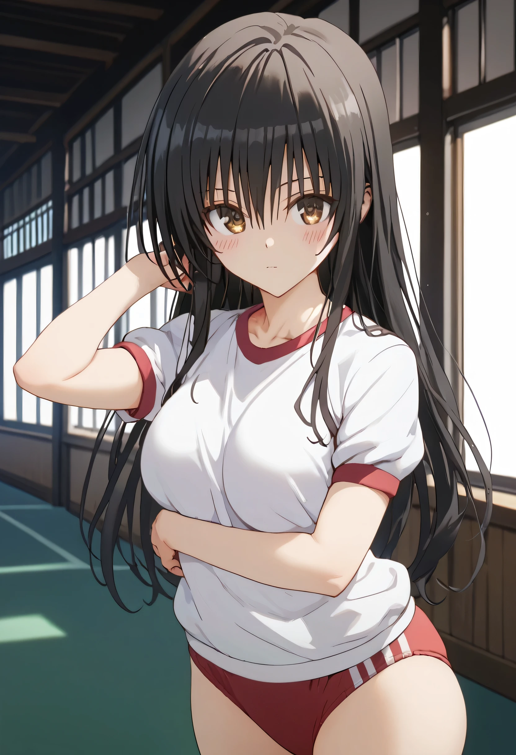 score_9,score_8_up,score_7_up,solo,looking at viewer,blush,Kotegawa Yui,long hair,black hair,sidelocks,hair between eyes,bangs,brown eyes,large breasts,sgu,gym uniform, red buruma,cowboy shot,Arm crossed