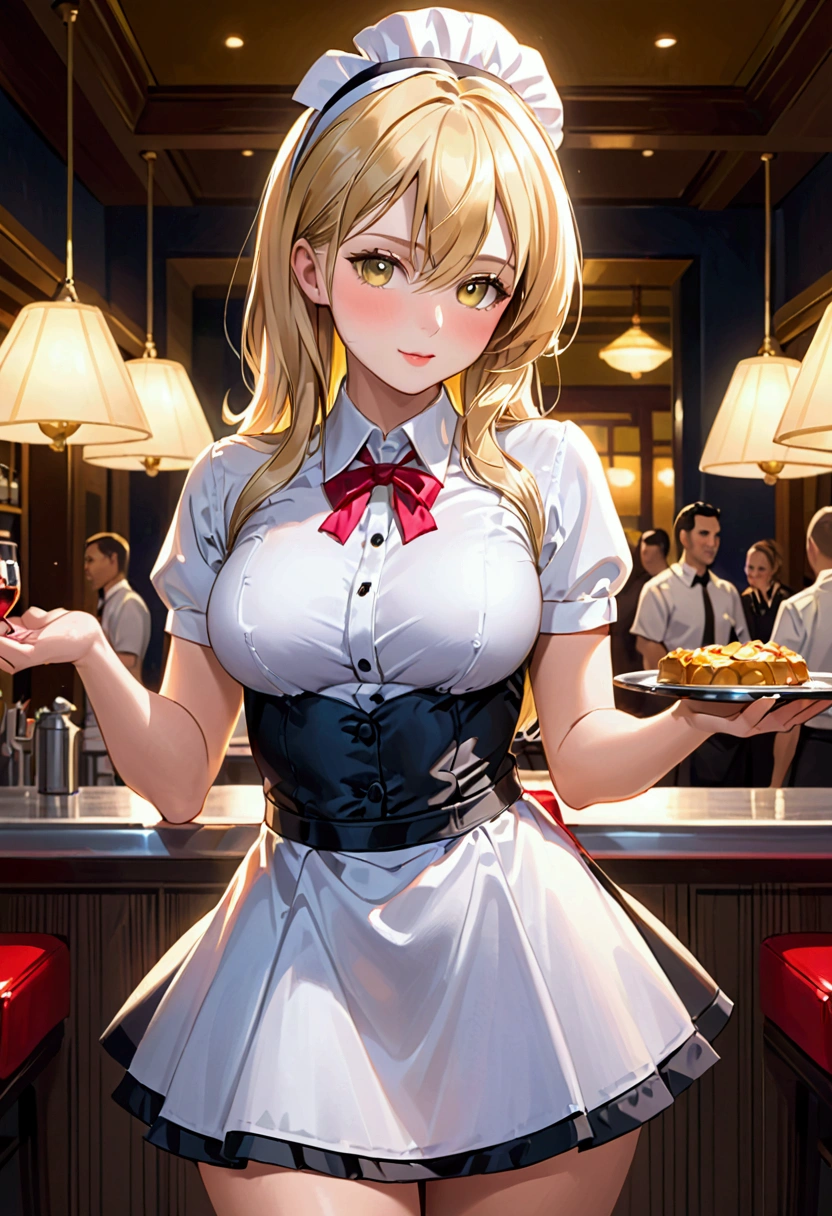(masterpiece:1.5)、(highest quality:1.5)、(8K:1.2)、(Super detailed:1.2)、(photorealistic:1.2)、(ultra high resolution:1.2)、(Highly detailed and realistic skin:1.2)、(Very detailed and clean sharp eyes:1.2)、(woman with slender figure:1.2)、(bright lighting:1.2)、(1 at a family restaurant with many customers.5)、(Place the parfait on the tray:1.6)、break、(white maid shirt:1.4)、break、(white stockings:1.3)、break、(black long sleeve maid mini dress:1.6)、18 year old beautiful woman、natural color lip、break、(Blonde half updo hair that covers one eye:1.4)、medium beautiful breasts、slender and beautiful legs、(Sparkling smile:1.2)、