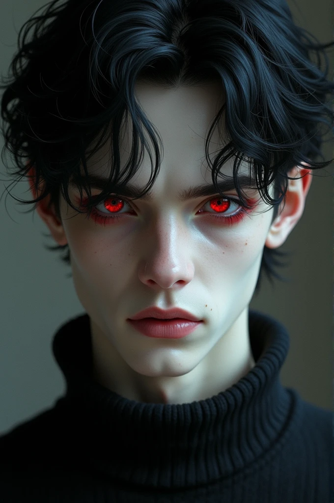 1 male ager of Nordic origin with discreet features and a villainous style, with black and red hair and slightly reddish eyes