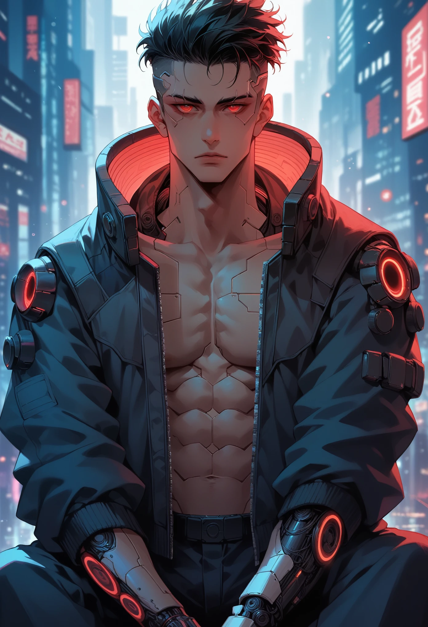 "dark theme :: closeup face focus, ultra realistic futuristic cyberpunk muscular male black hair sitting :: cyberpunk face (cyber eyes) :: cool cybernetic punk jacket red neon eyes :: shirtless:: mechanical intricate mask :: natural lighting :: bokeh :: 8k :: best quality :: masterpiece :: futuristic cityscape background"