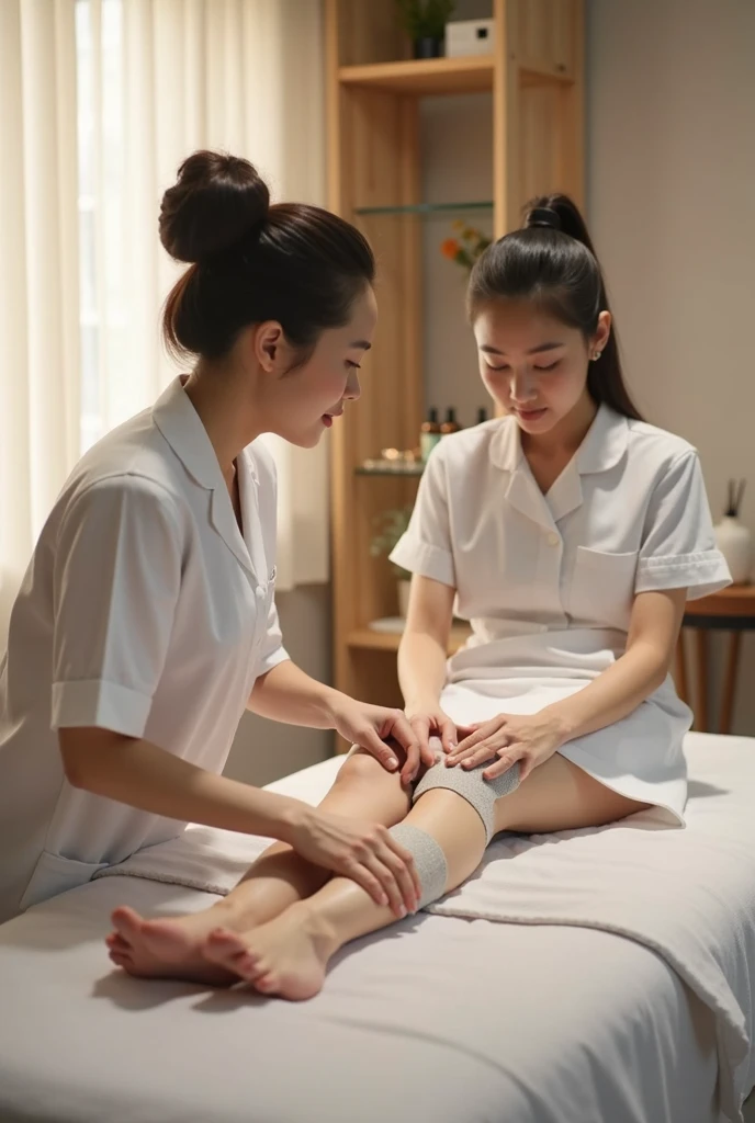 , mother cleaning with vacuum cleaner, lying on sunny custom leg-rest, im wearing thick  fiberglass full body cast ,covers my abdomen, hip, legs, wearing  incontinecediaper , the edges of the cast are lined soft padding, table ,  pillowsAnatomicamente correto, 