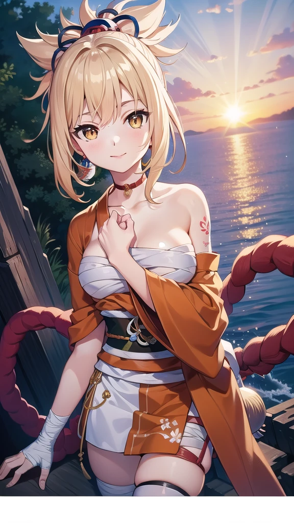 ((masterpiece)),(best quality),official art,extremely detailed CG,unity 8k wallpaper,ultra detailed,A lighthouse on a cliff by the sea,1girl,solo,upper body,(portrait:1.2),looking at viewer,hadanugi_dousa,sarashi,orange_kimono,japanese_clothes,arm_tattoo,blonde_hair,fingerless_gloves,smile,chest_tattoo,bandaged_arm,shimenawa,red_choker,hair_ornament,yellow_eyes,high_ponytail,rope,bandaged_leg,flower_tattoo,bangs,medium_breasts,tabi,single_fingerless_glove,leg_armor,single_thighhigh,