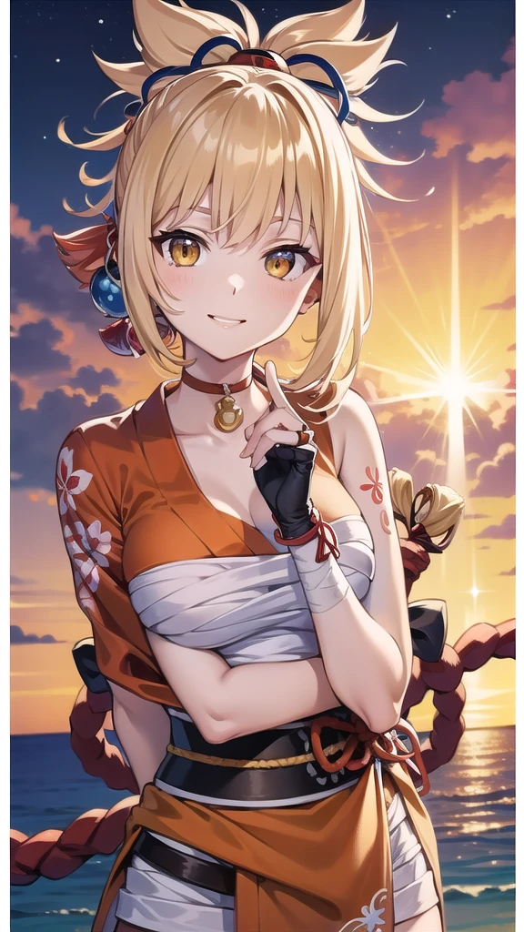 ((masterpiece)),(best quality),official art,extremely detailed CG,unity 8k wallpaper,ultra detailed,A lighthouse on a cliff by the sea,1girl,solo,upper body,(portrait:1.2),looking at viewer,hadanugi_dousa,sarashi,orange_kimono,japanese_clothes,arm_tattoo,blonde_hair,fingerless_gloves,smile,chest_tattoo,bandaged_arm,shimenawa,red_choker,hair_ornament,yellow_eyes,high_ponytail,rope,bandaged_leg,flower_tattoo,bangs,medium_breasts,tabi,single_fingerless_glove,leg_armor,single_thighhigh,