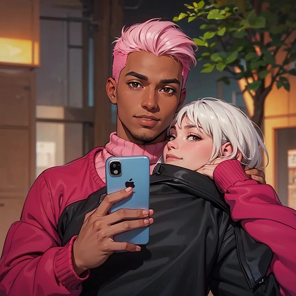 anime style,realistic, 2man, black leather jacket, brown eyes, cellphone, closed mouth, dark-skinned male, dark skin, face hair, holding, holding phone, hug, looking at viewer, multiple boys, phone, pink hair, pink shirt, pink sweater, red sweater, shirt, short hair, smile, sweater, undercut, upper body, very short hair, white hair