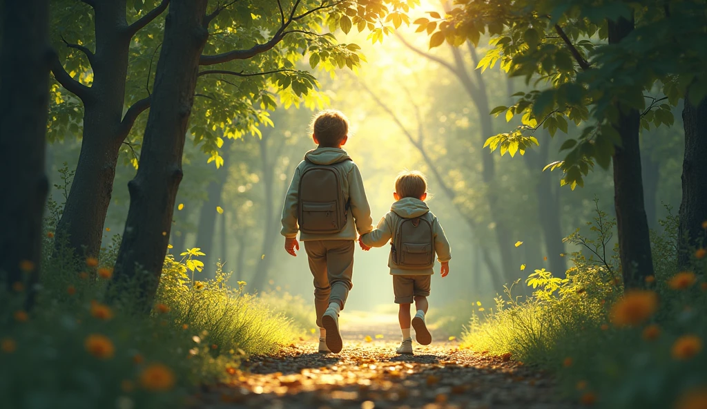 Photograph of three boys and a girl from behind, In a forest