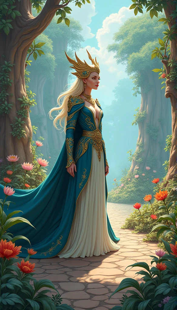 Masterpiece illustration, very detailed face, an immortal sexy elf with timeless beauty, long elegant slim face, defined cheekbones, stunning and beautiful smile, detailed eyeliner and eyeshadow, elegant light hair, enchanting and elegant, detailed full cleavage, very sexy slim figure, elegantly sexy, silk cape, vibrant blue silk clothes, in a vibrant magical forest, ambient light, rim light, 8K, 50 megapixel, 16K,
