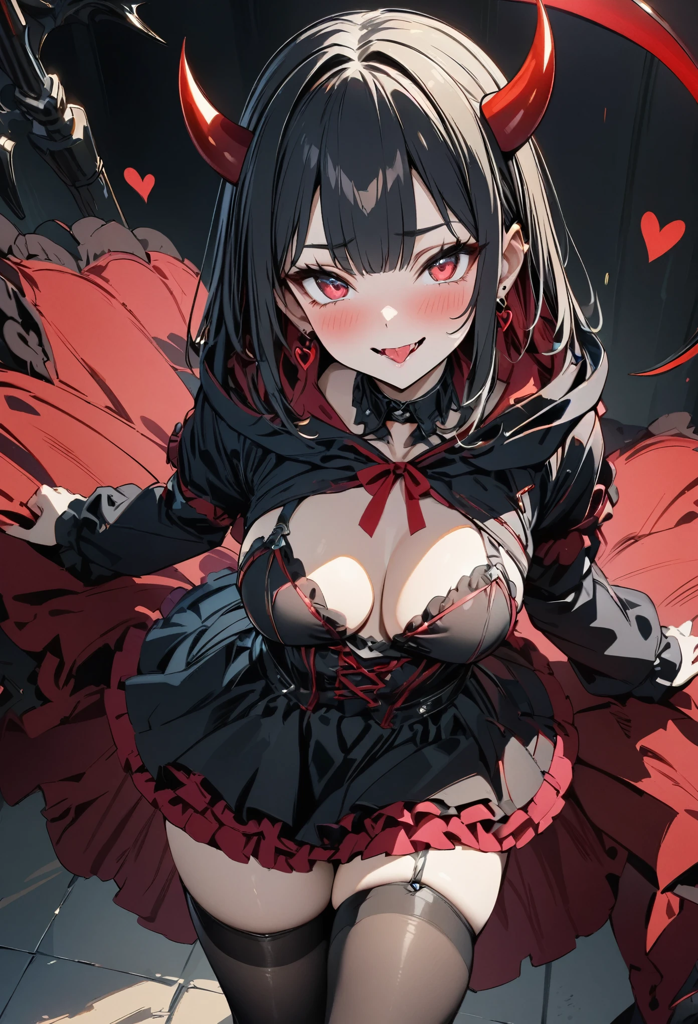 (masterpiece,  best quality:1.2,UHD,High Resolution、Detailed depiction), one girl playing pranks、 Red Eyes、Heart Eyes、devil、(Exposing Gothic Lolita Clothes )、Black knee-highs、String panties、Black Hair、Earrings、 inner color is red 、 Hooded Clothes with Horns、devilの翼、 have a black scythe、crazy sexy smile、 Ecstasy 、 are in estrus、 salivate your tongue、 Wind Blows Clothes Fluttering 