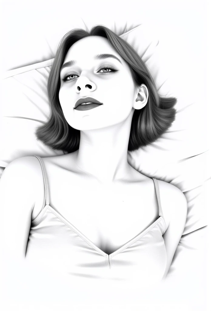 Monochrome line art, waist-up of a woman with a stylish bob cut, posed in a graceful, reclining position. Her bare shoulders and collarbone are delicately outlined, with subtle shadows adding depth. Fine line details emphasize her relaxed expression, creating an elegant, minimalist composition