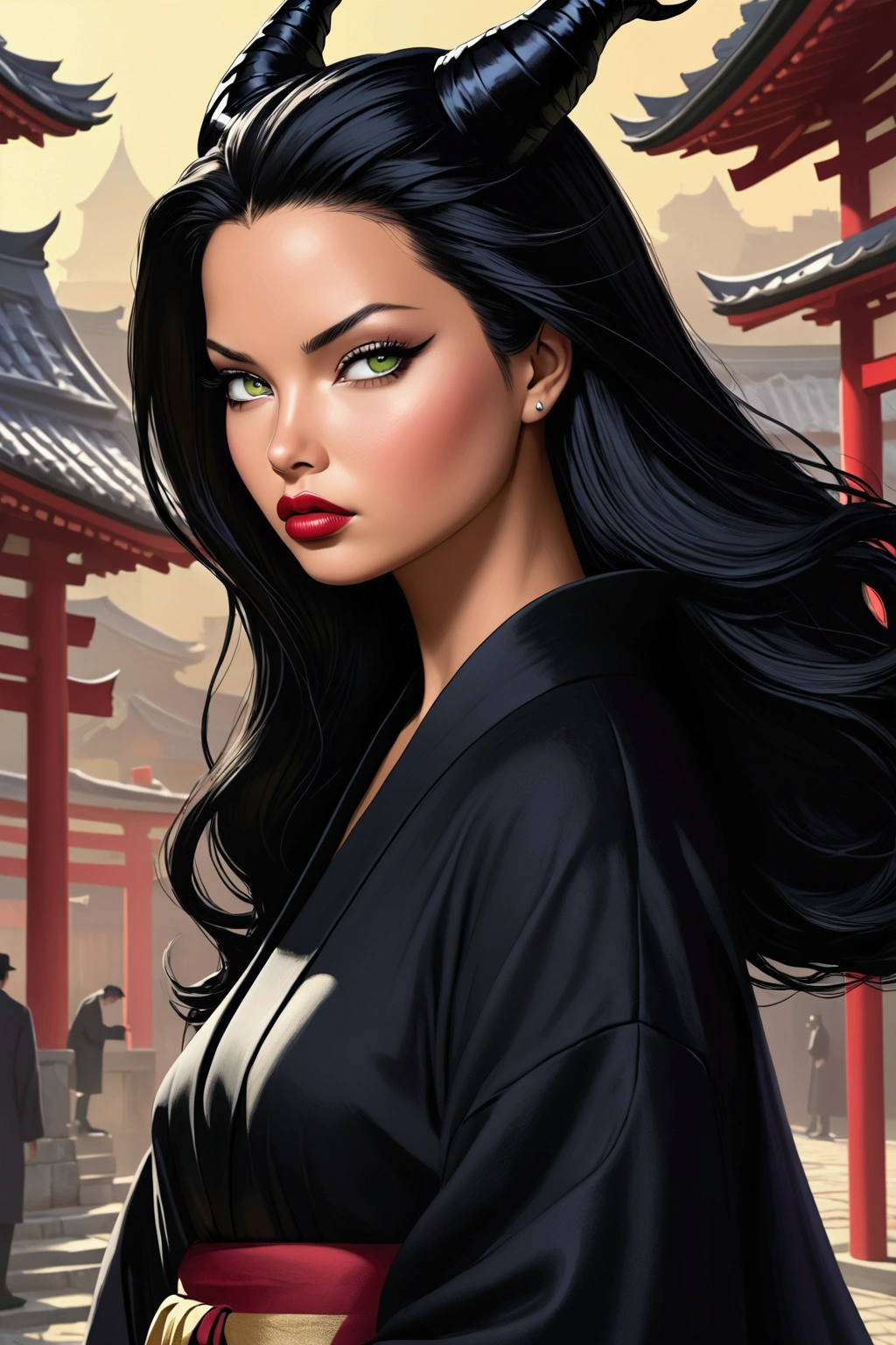 Create the following character: woman. She has adriana lima face, the body of malefica, she is dressed as a Japanese college student
