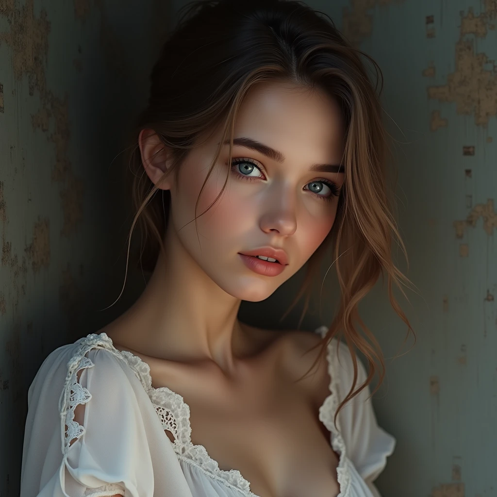sexy europea joven hermosa mujer, nightie, somnoliento, pelo salvaje, frail, Plano entero, hiperrealystic, Detallado, 4k, Lightroom