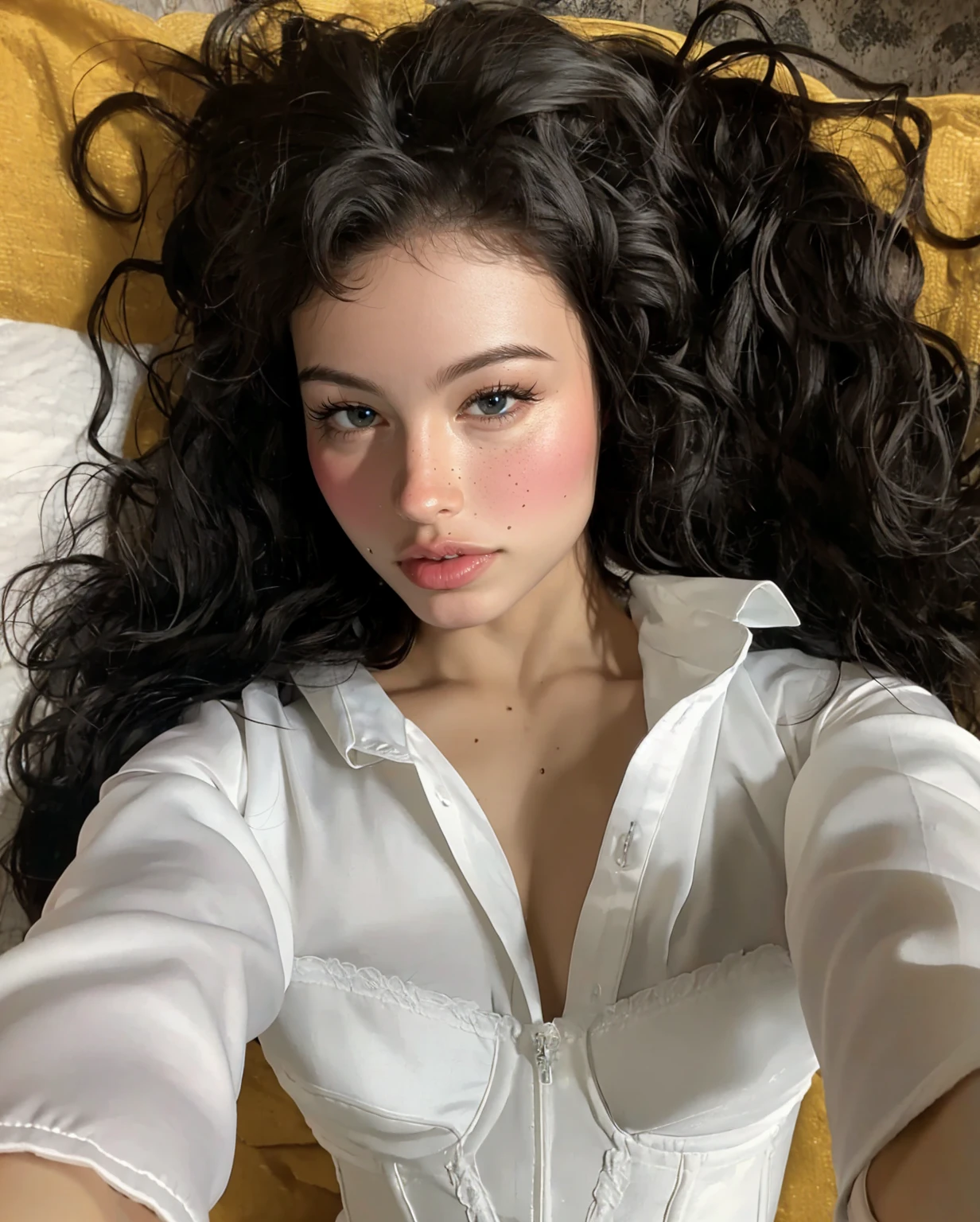 there is a woman with curly hair laying on a bed, she is about 1 6 years old, portrait sophie mudd, bella poarch, 18 years old, her black hair is a long curly, leaked image, she is about 20 years old, she is about 2 0 years old, curly, she has olive brown skin, 1 6 years old