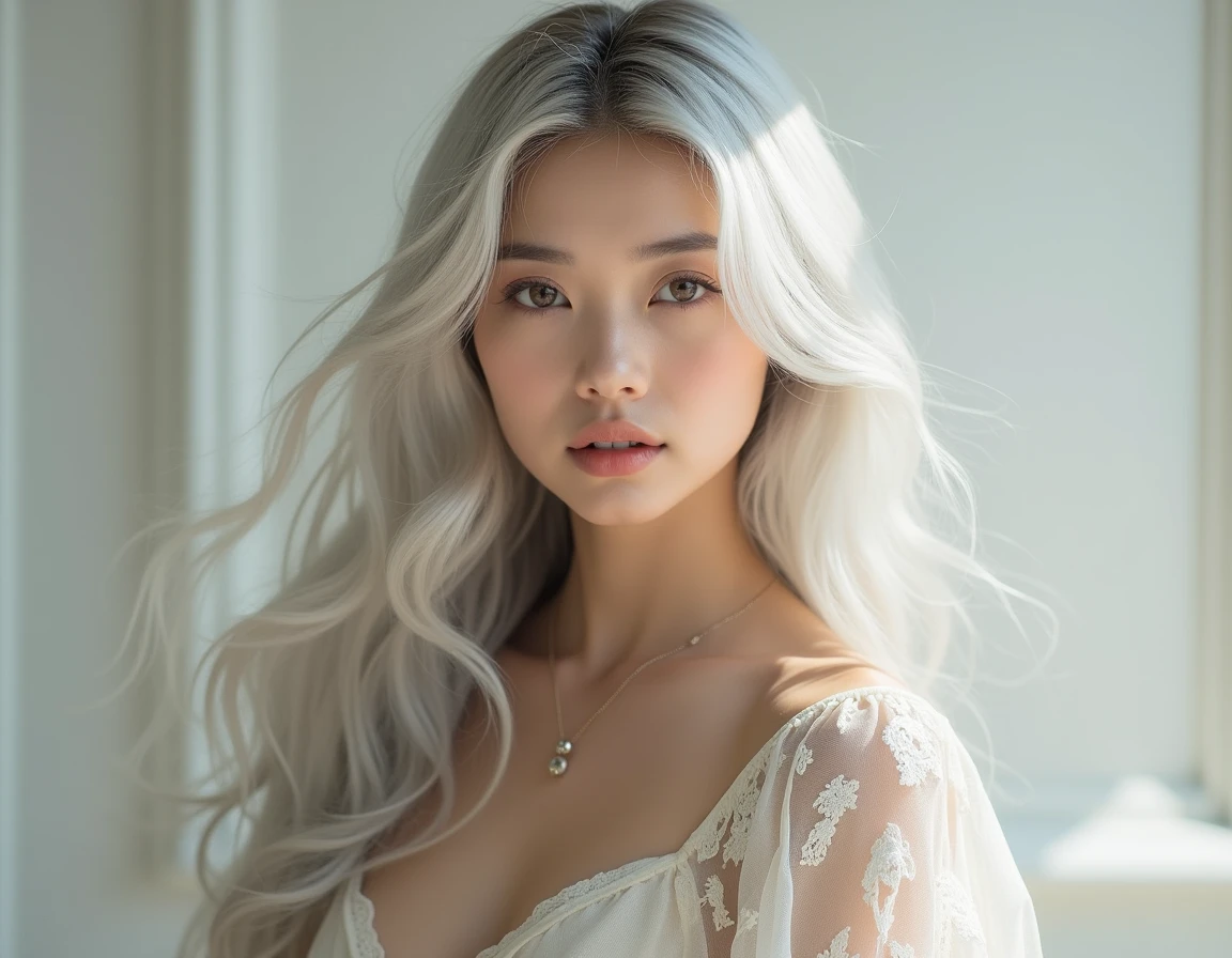 beautiful promotional photo of a girl with long white hair