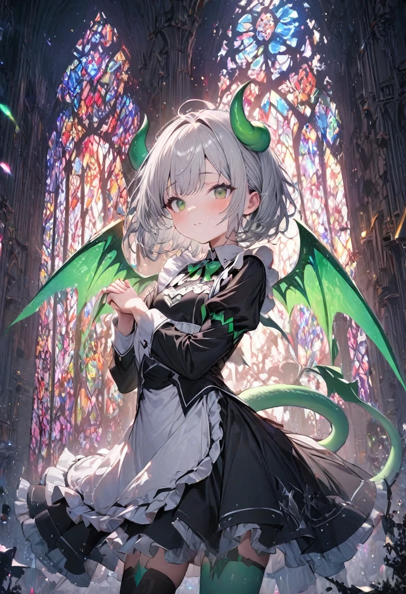 (masterpiece, best quality, ultra detailed, high resolution), (1 girl:1.3), cute face, (slant eyes:1.1, light green eyes), (short hair, silver hair), It has small silver ram's horns growing from its head:1.1, White and clear skin:1.2, small breasts, long sleeve maid uniform:1.2, (Stockings with different colors on the left and right, The right is black and the left is light green:1.1), (It has small light green devil wings growing from its back:1.2), Long, thin black and light green striped tail:1.3, Funny pose, inside the silver castle, surrounded by stained glass), A world of fantasy, (cowboy shot:1.2), (from front:1.3)