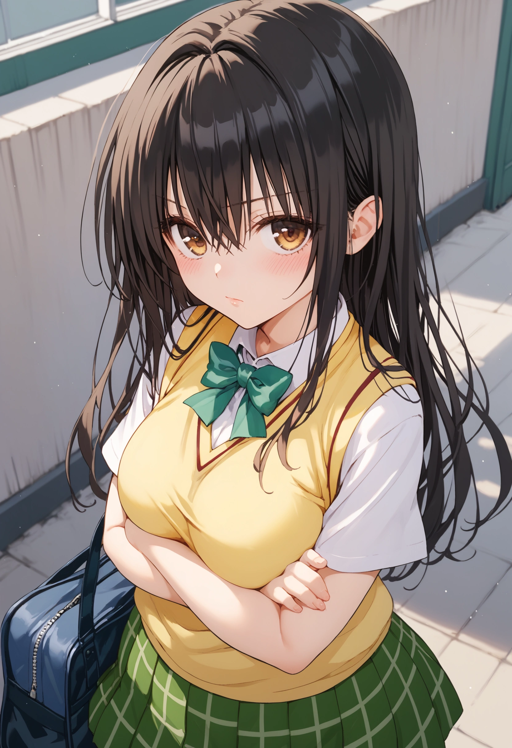 score_9,score_8_up,score_7_up,solo,outdoors,looking at viewer,blush,Kotegawa Yui,long hair,black hair,sidelocks,hair between eyes,bangs,brown eyes,school uniform,sweater vest,yellow vest,white shirt,collared shirt,green bowtie,short sleeves,large breasts,miniskirt,green skirt,plaid skirt,pleated skirt,black socks,loafers,cowboy shot,Arms crossed