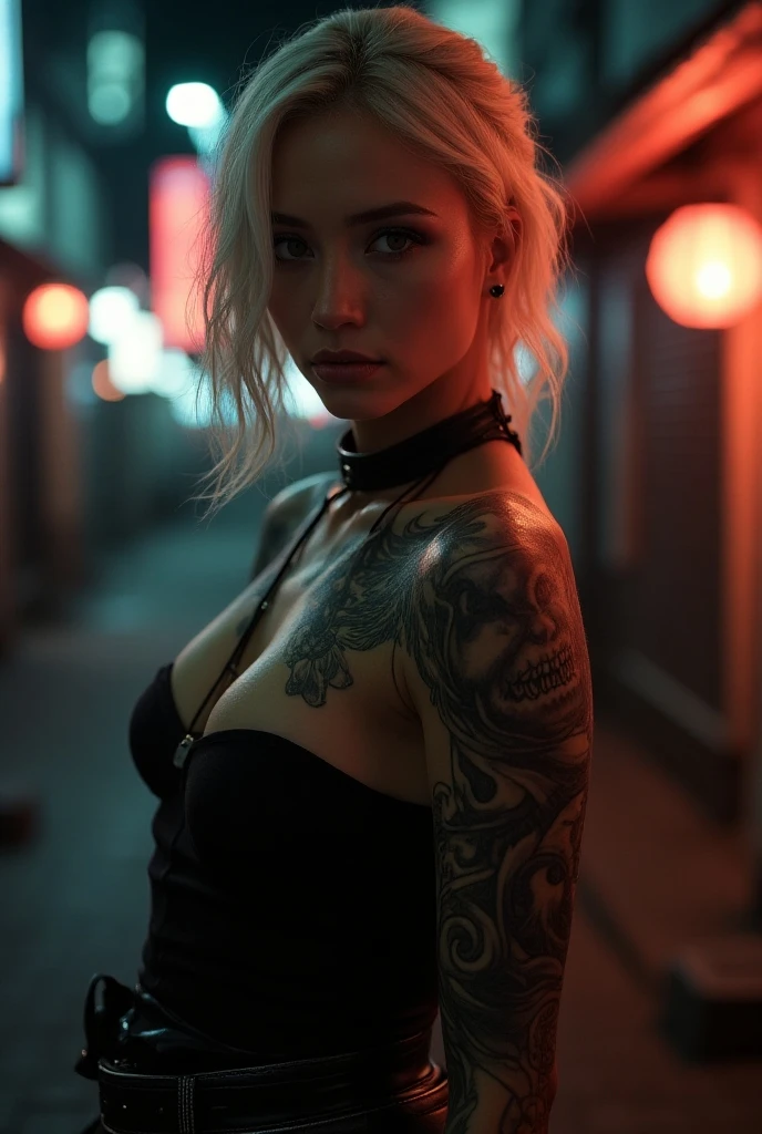 A vampire, body skinny, big boobies, big-ass, tattoos spread across the body, white hair, eerie glowing red eyes, your pussy has pubic hair, she is completely naked, she is in a dark alley at night, she is cumming while a man fucks her from behind