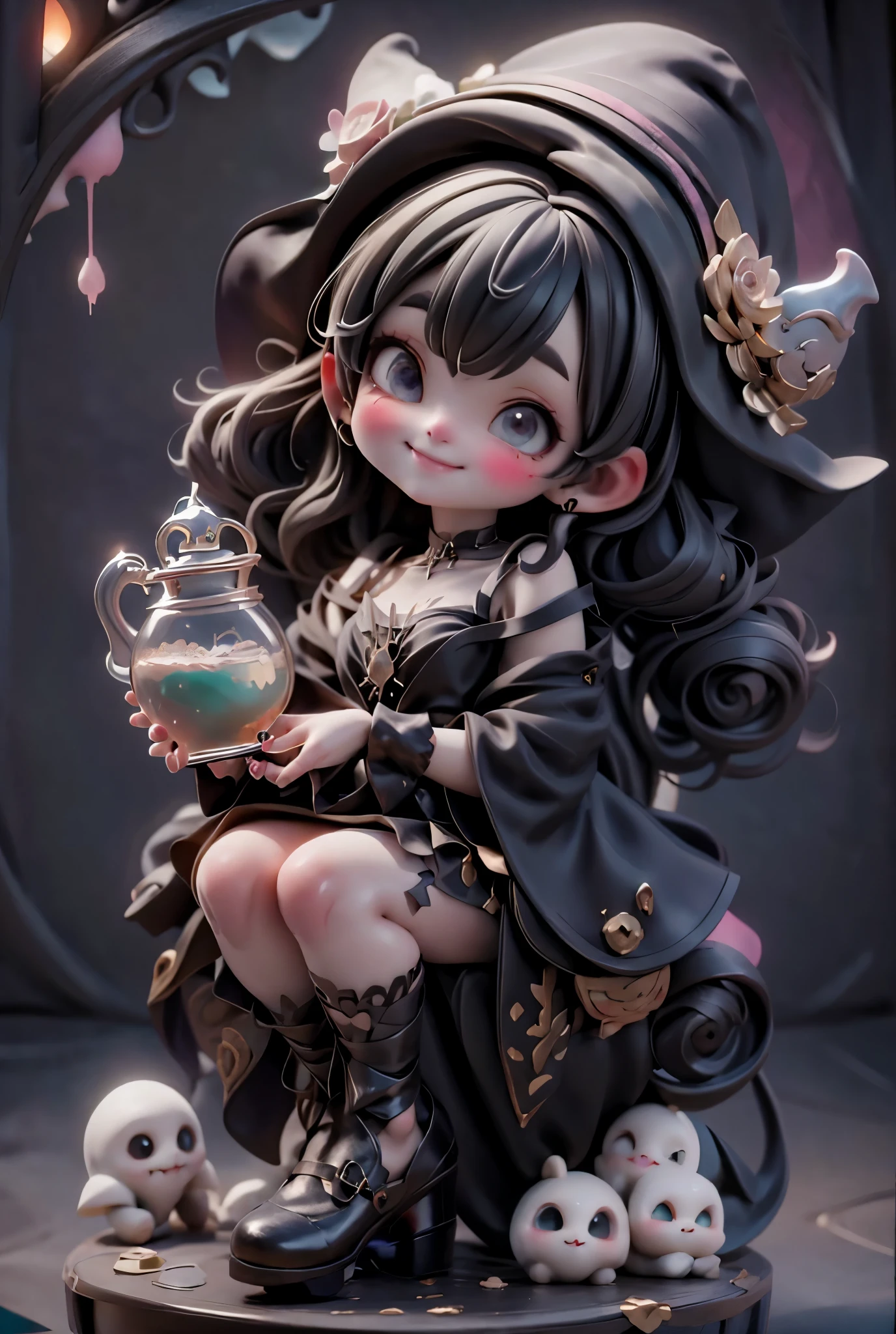 a cute witch smiling, ankle strap pumps, making a potion in a cauldron, horror art style
