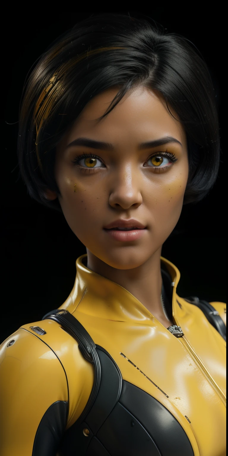  create the same  , Alone, front face, ( look at the viewer's face headshoot ,  in front of the camera looking forward  ,  close of the head ), (( best quality )), ((masterpiece)), (detailed:1.4), (( upper body)), 3d,  an image of a beautiful Cyberpunk woman ,HDR ( high dynamic range ),  ray tracing ,NVIDIA RTX, Super-Resolution ,irreal 5, subsurface scattering,PBR texturing,post-processing, anisotropic filtering , depth of field, Maximum Clarity and Sharpness ,Multilayered Textures,Albedo and Specular maps, surface shading , Precise Simulation of Light-Material Interaction, perfect proportions, Octane rendering , Two-tone lighting ,grand opening,Low ISO,White balance,rule of thirds,8k RAW, (((yellow eyes))), (((black  short hair))), AlexTS, ( Dark skin:1.2), yellow eyes,  black hair ,  short hair,  medium breasts , Yellow jumpsuit, belt, (( Amarelo Amor ))