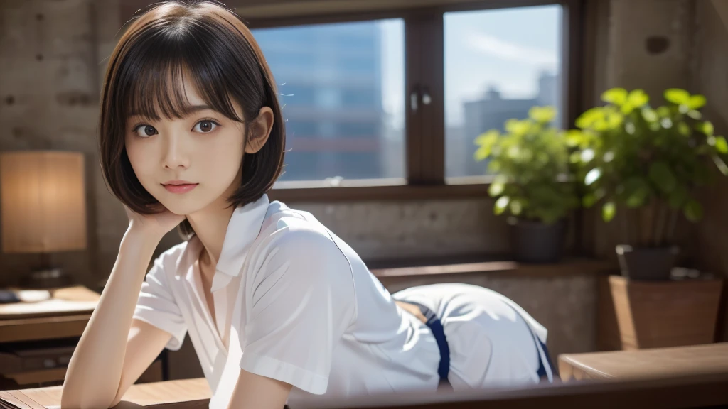 (8k high resolution), (highest quality), (RAW image quality),(table top:1.2), (realistic), (realistic:1.37), ,White-eye,long eyelashes,（Live-action realistic style）,ultimate face,realistic light and shadow,clear facial features,,Fair skin,best portrait, 1-Girl, cute,beautiful and fine eyes,highly detailed skin,(Beautiful face with double eyelids), (realism: 1.4),((full body image))  ,delicate and beautiful face,,woman around 20 years old,(beautiful face 1.4),short hair,((Japanese high school girl uniform姿)),((Show your audience your best smile)),red lipstick,glitter around the eyes,((Photographed in the classroom)),(Squatting while showing panties),Pants fully visible.,white panties,(私は自分のshow your panties to the viewerのが好きです),(show your panties to the viewer),((Japanese high school girl uniform)),((Brightly lit beautiful face)),red lipstick,glitter around the eyes,Shooting at close range,Japanese high school girl in uniform,,Taken close up,(The classroom is very bright with lighting)