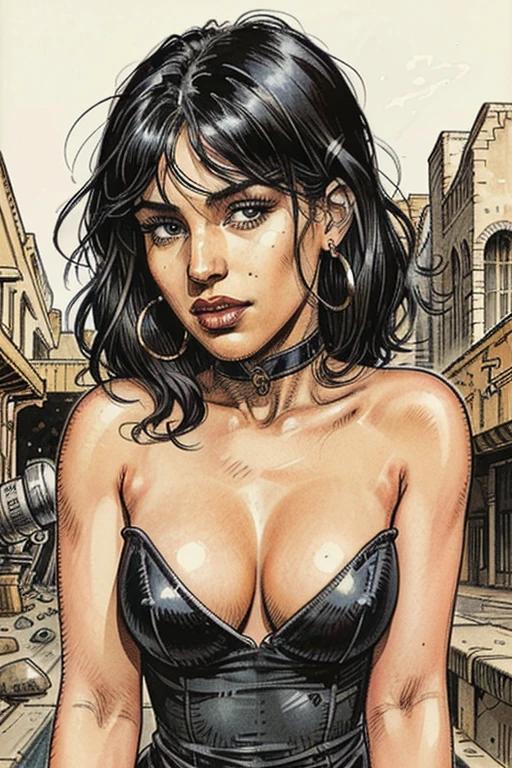 gorgeous woman, vintage pin up, topless, leather jacket, blue-black hair