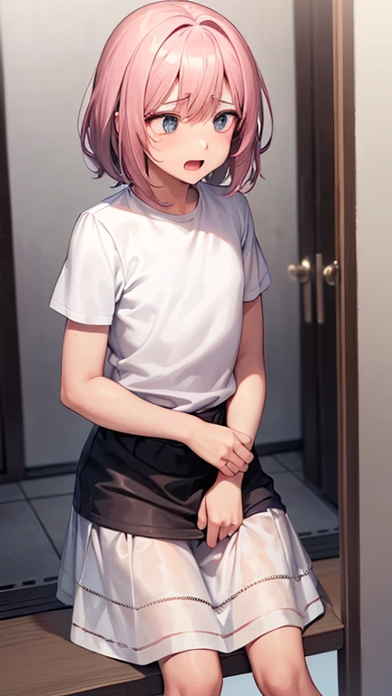 Perfect human body、1 boy,1 girl、A couple、heterosexuality、 NSFW, ((actual, Bedrooms)), (very highly detailed background), (((Stand next to the girl、Man puts his hands on girl&#39;s waist))),  Oversized white T-shirt、mini-skirts、鎖骨,Oversized chest， Convex milk，((woman with fever)), ((perspiring,steamy,Upper grades))), 、mini-skirts、((The expression of coloce flushed), 大男子气概的男人Stand next to the girl、looking at viewert,